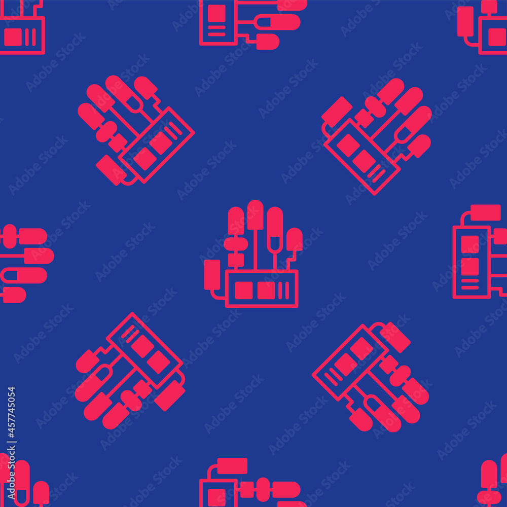 Poster red mechanical robot hand icon isolated seamless pattern on blue background. robotic arm symbol. tec