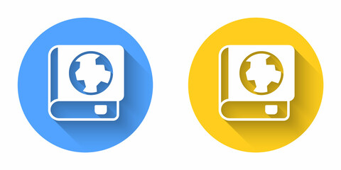 White Earth globe and book icon isolated with long shadow background. World or Earth sign. Global internet symbol. Geometric shapes. Circle button. Vector