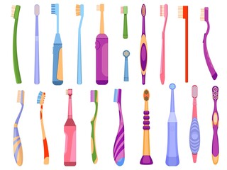 Cartoon electric and manual dental hygiene tools toothbrushes. Products for oral care and teeth health. Mouth cleaning toothbrush vector set