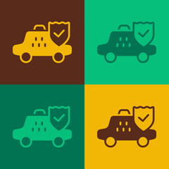 Pop art Taxi car insurance icon isolated on color background. Vector
