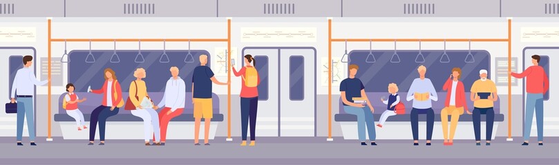 Passenger crowd inside subway train or city bus. Cartoon people standing and sitting in public transport. Travel by metro car vector concept © Tartila