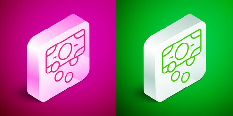 Isometric line Stacks paper money cash icon isolated on pink and green background. Money banknotes stacks. Bill currency. Silver square button. Vector