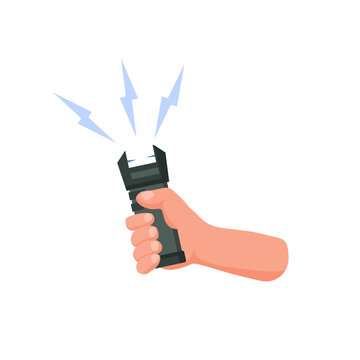 Hand hold electric shocker. Self-defense and a stun gun. A taser with sparks. Flat cartoon illustration
