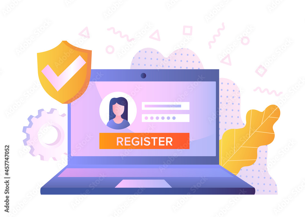 Poster login or authorization page. laptop with fields for entering user name and password. log in to perso