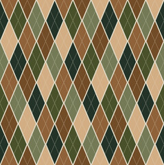 Seamless background argyle pattern. Green brown color tone tartan plaid. Texture design for apparel, textile, garment, fabric, clothing, tile, cover, poster, flyer, banner, wall. Vector illustration.