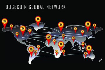 Dogecoin global network illustration, doge coins to the moon. vector eps 10
