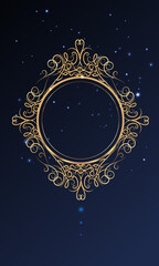 Round photo frame, metallic gold, interior Victorian pattern. Vector illustration