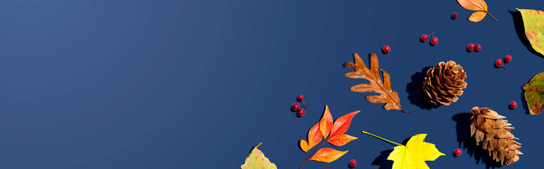 Colorful autumn leaves with pinecones overhead view - flat lay