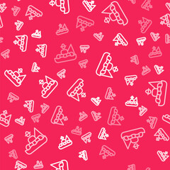 White line Fisherman sitting in a boat and fishing with a rod icon isolated seamless pattern on red background. Vector