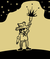 Man throwing firecracker at St. John's Party. Woodcut-style drawing of Cordel's literature. - obrazy, fototapety, plakaty