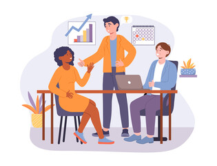 Team Work Success concept. Men and women sit in office and discuss company development strategies. Employees at meeting. Cartoon contemporary flat vector illustration isolated on white background
