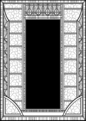 Symmetrical, graphic abstraction with patterns and black rectangular portal in the middle, a geometric background in the Japanese style similar to sliding doors with lattice and stained glass windows.