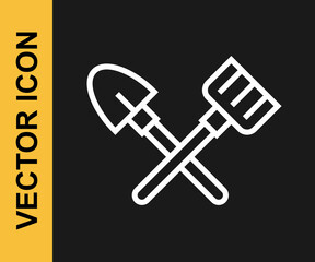 White line Shovel and rake icon isolated on black background. Tool for horticulture, agriculture, gardening, farming. Ground cultivator. Vector