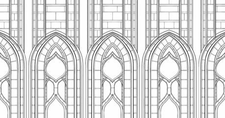 Architectural geometric abstraction with pointed arches of a Gothic cathedral, stained glass window of an old church, decorative element of a medieval stone castle, graphic symmetrical ornament.