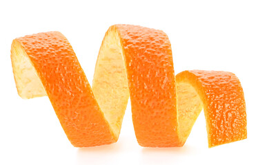 Front view of fresh orange peel isolated on a white background. Orange skin. Cocktail ingredient.