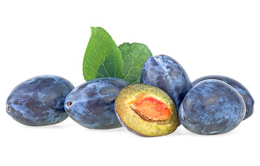 Fresh plum fruits with green leaves isolated on a white background. Group of blue plums.