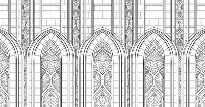 Architectural symmetric abstraction with pointed arches of a Gothic cathedral, stained glass window of an old church with patterns, decorative element of a medieval stone castle, graphic ornament.