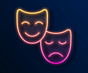 Glowing neon line Comedy and tragedy theatrical masks icon isolated on black background. Vector