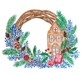 Christmas wreath with house and gifts, watercolor illustration for postcard