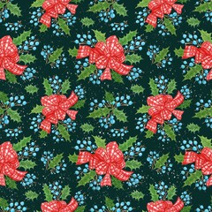 Seamless christmas pattern for gift paper with bow, holly branches and berries