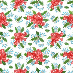 Seamless christmas pattern for gift paper with bow, holly branches and berries