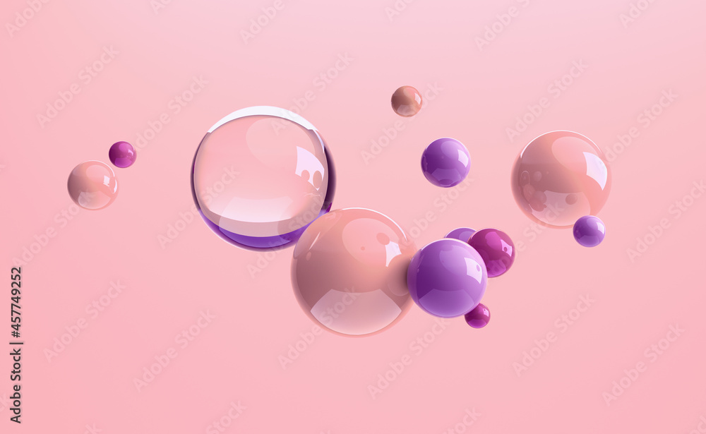 Poster 3d render design of floating different size of spheres