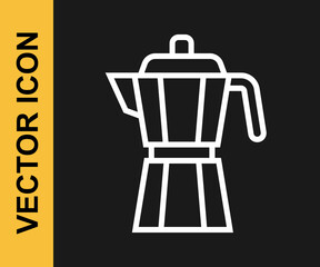 White line Coffee maker moca pot icon isolated on black background. Vector
