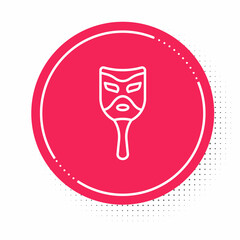 White line Carnival mask icon isolated on white background. Masquerade party mask. Red circle button. Vector