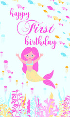 happy birthday greetings card. Mermaid princess girl with pink hair and yellow tale, fishes, seaweeds and corals colorful vector illustration