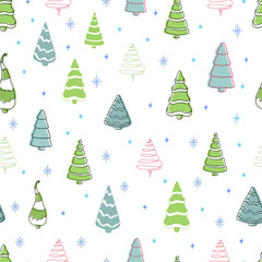 Seamless Christmas pattern: Christmas trees and snowflakes. Winter forest. Vector Christmas 
image in the style of a doodle.