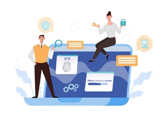 Official Software Access. Man and woman provide key to access data. Fingerprint for entering. Biometrics and information protection. Cartoon flat vector illustration isolated on white background