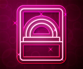 Fototapeta premium Glowing neon line Diamond engagement ring in a box icon isolated on red background. Vector