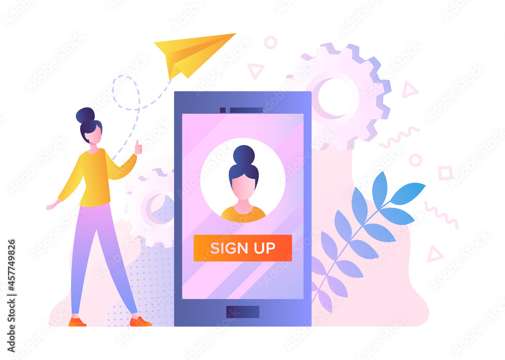 Poster login or registration of user account concept. woman presses button on smartphone screen to access i
