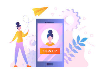 Login or registration of user account concept. Woman presses button on smartphone screen to access information. Online authorization. Cartoon flat vector illustration isolated on white background