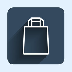 White line Paper shopping bag icon isolated with long shadow background. Package sign. Blue square button. Vector