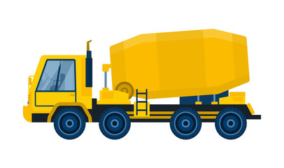 Concrete mixing equipment concept. Truck with large capacity for transporting cement. Design element for stickers, icons and posters. Cartoon flat vector illustration isolated on white background