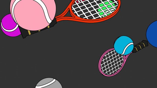 Toon style colorful tennis balls and tennis rackets on gray background.
Loopable animation for background.
