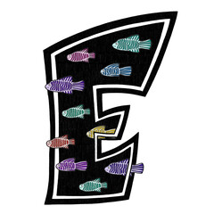 Letter E is part of the alphabet creative font. Black-white letter with many small colorful abstract fish. Hand drawn lettering illustration for design, web, interior, poster, print, typography.