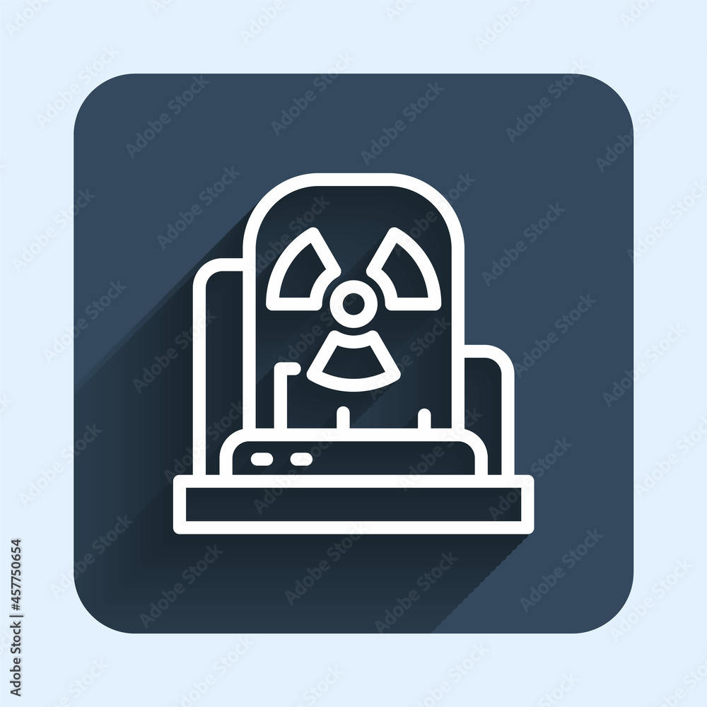 Poster white line radioactive warning lamp icon isolated with long shadow background. blue square button. v