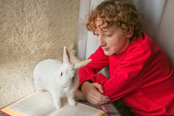 A boy with his pet decorative rabbit at home.