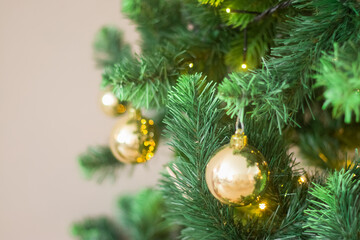 Christmas. New Year. Christmas tree with golden balls.