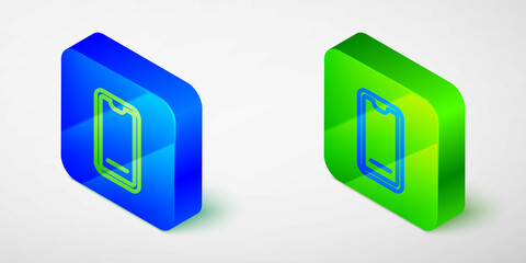 Isometric line Food ordering on mobile icon isolated grey background. Order by mobile phone. Restaurant food delivery concept. Blue and green square button. Vector