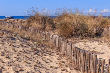 Lonely umbrella behind the dunes: Punta Prosciutto Beach in Puglia (Italy) stretches inside the Nature Park “Palude del Conte e Duna Costiera”, offering a corner of paradise in Salento.	