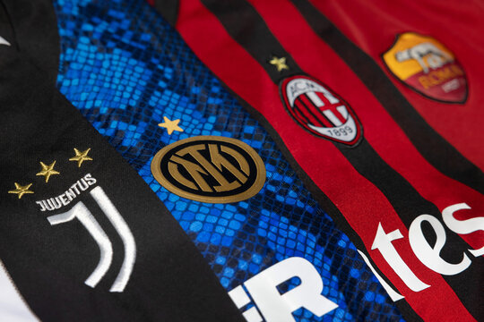 View of  Juventus Inter Mian AC Milan and Roma Crest on Football Jersey