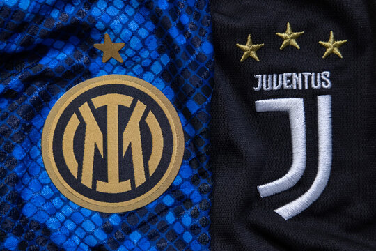 BANGKOK,THAILAND-SEPTEMBER 18: View of  The New Inter Mian and Juventus Crest on Football Jersey on September 18,2021
