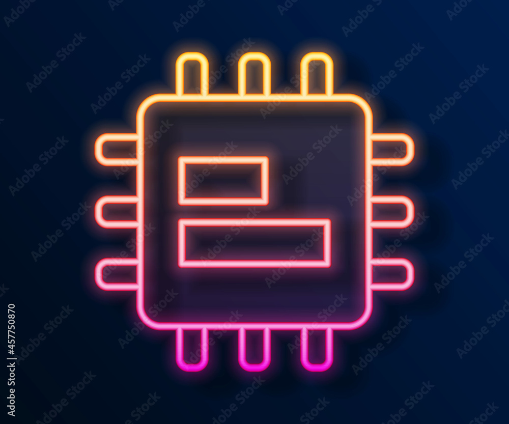 Poster glowing neon line computer processor with microcircuits cpu icon isolated on black background. chip 