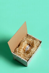 Halloween concept. Teeth model wrapped in straw in an open white box on a green mint background. Monster smile.