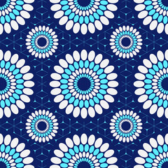 Seamless african fashion vector pattern with circles, round shapes. Bright, vibrant colors. Blue, white. Color illustration.