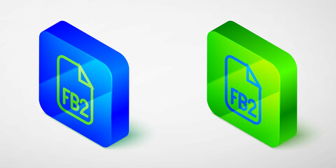 Isometric line FB2 File icon isolated grey background. Blue and green square button. Vector