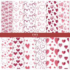 Collection of red and pink hearts seamless pattern transparent on a white background